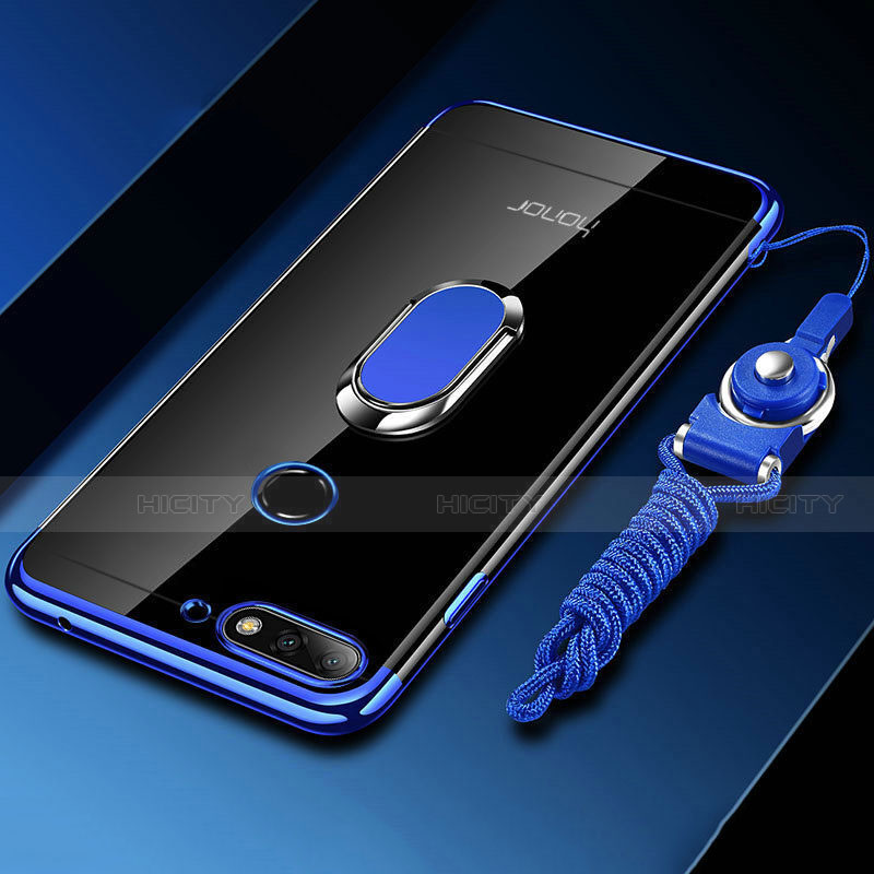 Custodia Silicone Trasparente Ultra Slim Cover Morbida con Magnetico Anello Supporto S01 per Huawei Y6 Prime (2018) Blu