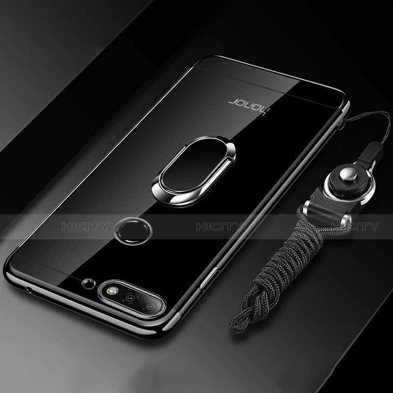 Custodia Silicone Trasparente Ultra Slim Cover Morbida con Magnetico Anello Supporto S01 per Huawei Y6 Prime (2018) Nero
