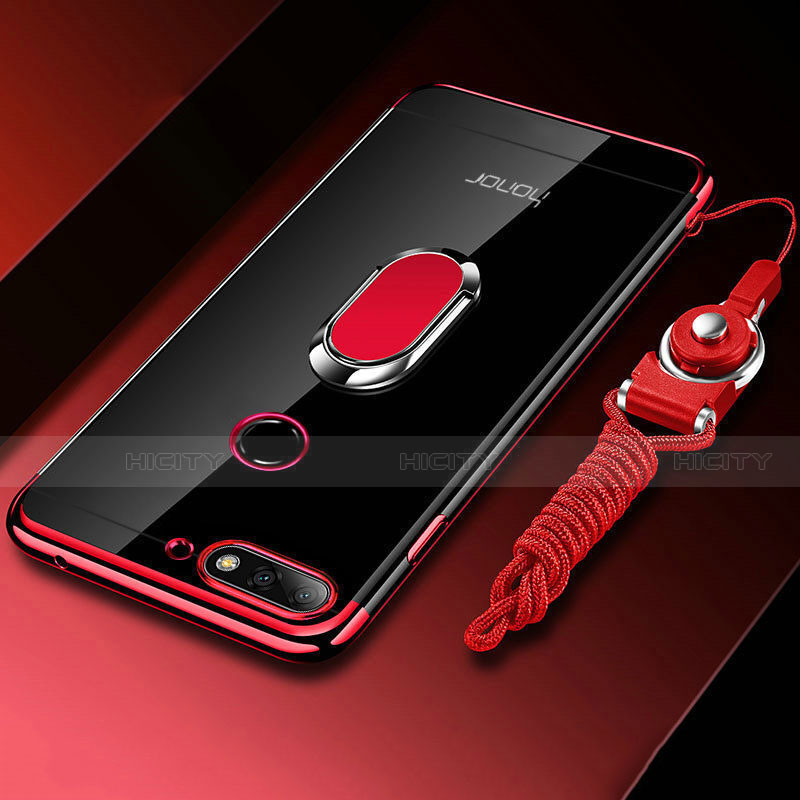 Custodia Silicone Trasparente Ultra Slim Cover Morbida con Magnetico Anello Supporto S01 per Huawei Y6 Prime (2018) Rosso