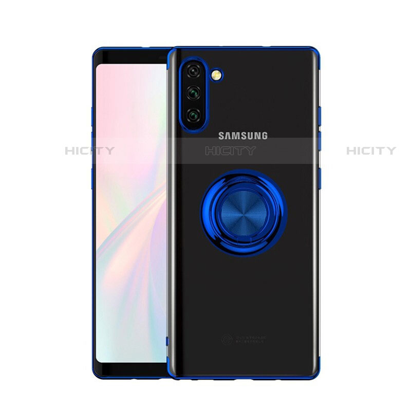 Custodia Silicone Trasparente Ultra Slim Cover Morbida con Magnetico Anello Supporto S01 per Samsung Galaxy Note 10 5G Blu