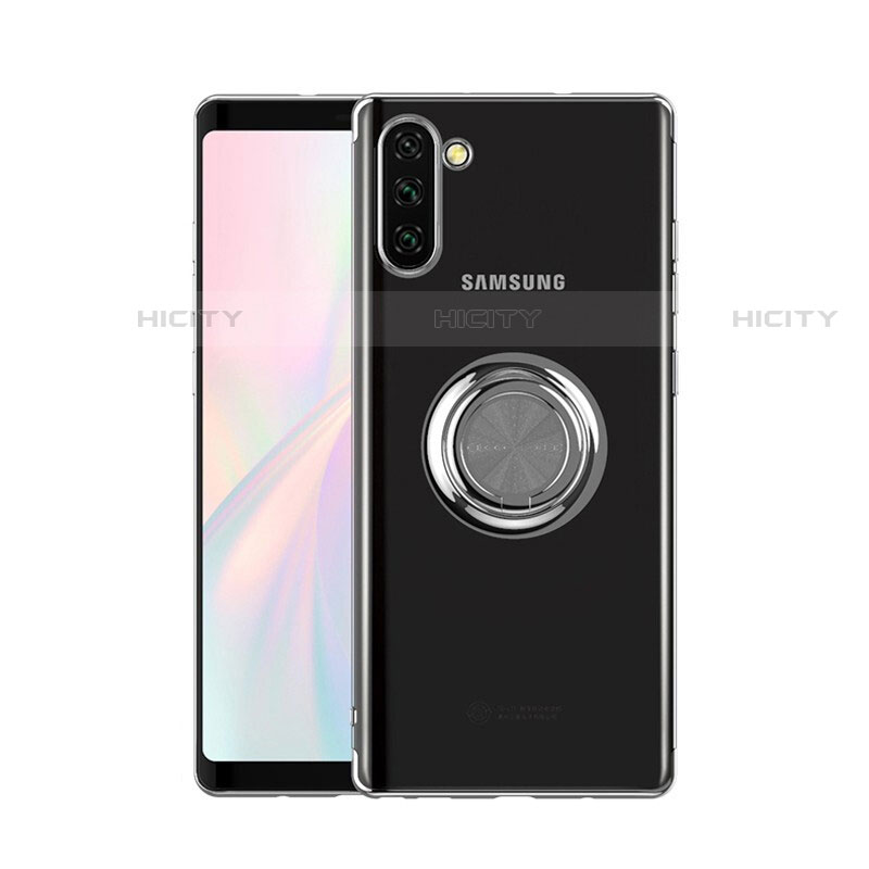 Custodia Silicone Trasparente Ultra Slim Cover Morbida con Magnetico Anello Supporto S01 per Samsung Galaxy Note 10 Argento