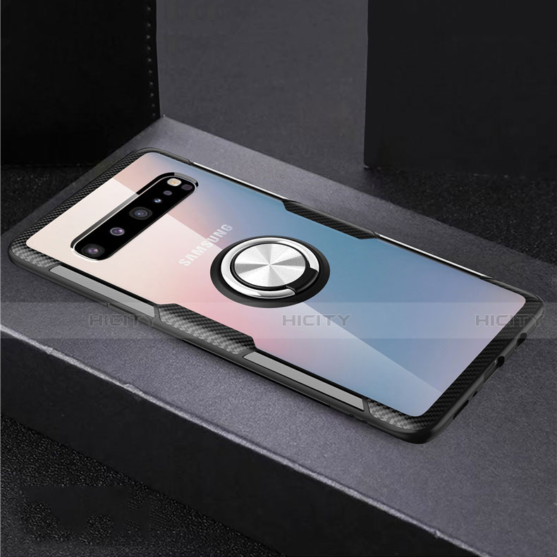 Custodia Silicone Trasparente Ultra Slim Cover Morbida con Magnetico Anello Supporto S01 per Samsung Galaxy S10 5G SM-G977B Argento e Nero