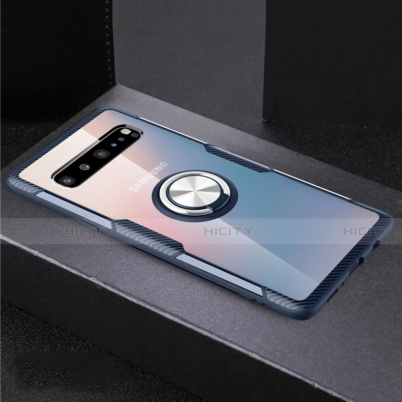 Custodia Silicone Trasparente Ultra Slim Cover Morbida con Magnetico Anello Supporto S01 per Samsung Galaxy S10 5G SM-G977B Blu