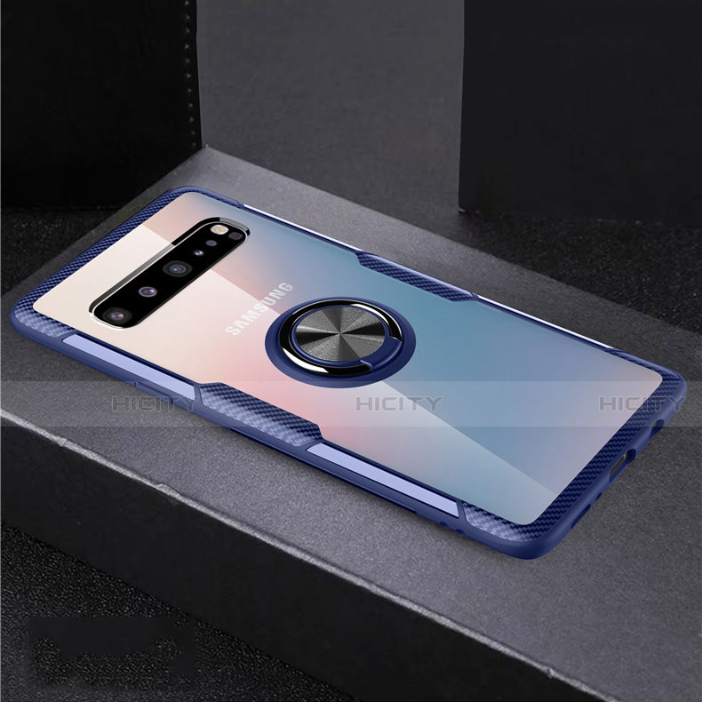 Custodia Silicone Trasparente Ultra Slim Cover Morbida con Magnetico Anello Supporto S01 per Samsung Galaxy S10 5G SM-G977B Blu e Nero