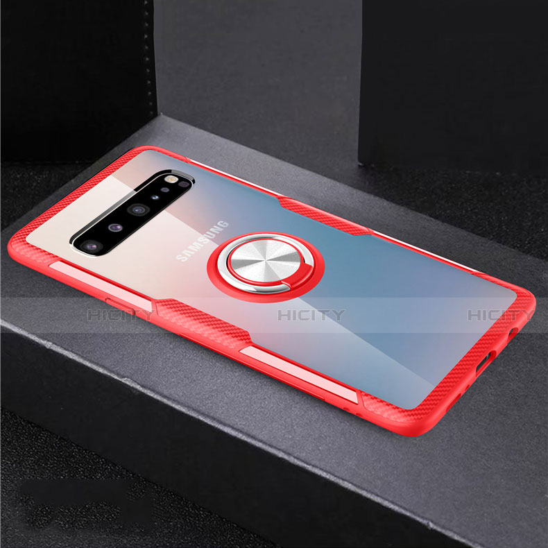 Custodia Silicone Trasparente Ultra Slim Cover Morbida con Magnetico Anello Supporto S01 per Samsung Galaxy S10 5G SM-G977B Rosso