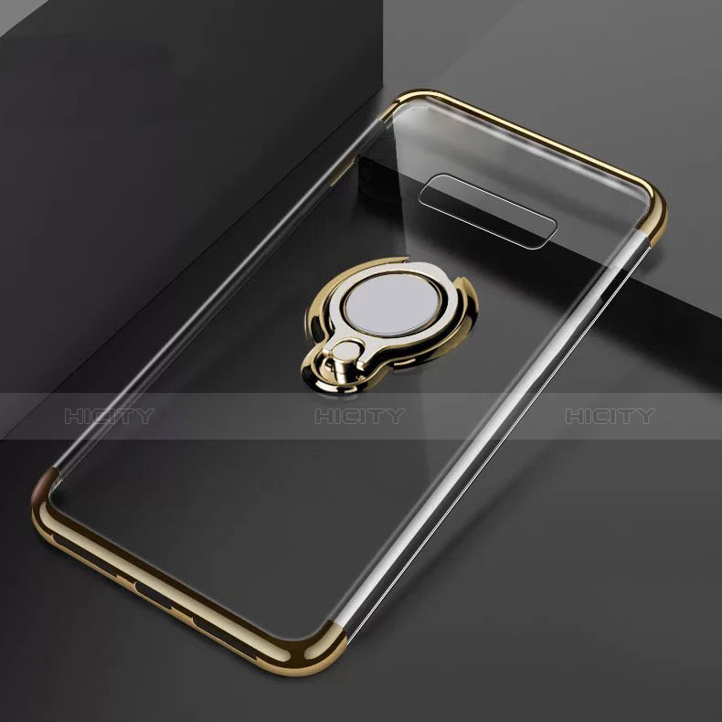 Custodia Silicone Trasparente Ultra Slim Cover Morbida con Magnetico Anello Supporto S01 per Samsung Galaxy S10 Plus Oro