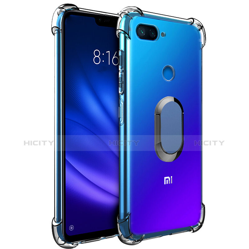 Custodia Silicone Trasparente Ultra Slim Cover Morbida con Magnetico Anello Supporto S01 per Xiaomi Mi 8 Lite Blu