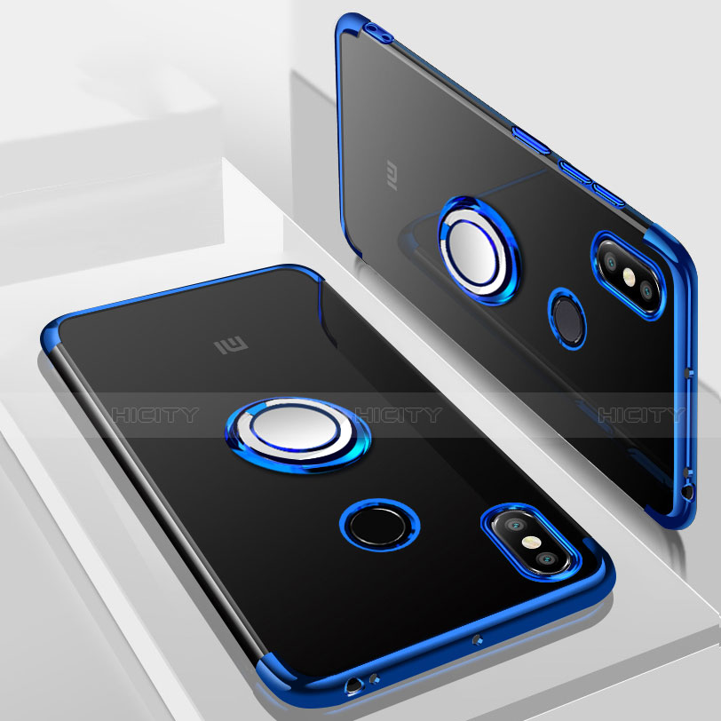Custodia Silicone Trasparente Ultra Slim Cover Morbida con Magnetico Anello Supporto S01 per Xiaomi Mi Max 3 Blu