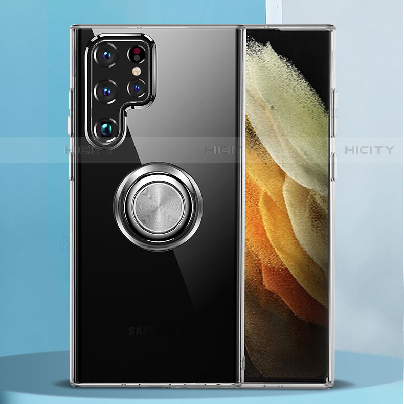 Custodia Silicone Trasparente Ultra Slim Cover Morbida con Magnetico Anello Supporto S05 per Samsung Galaxy S22 Ultra 5G
