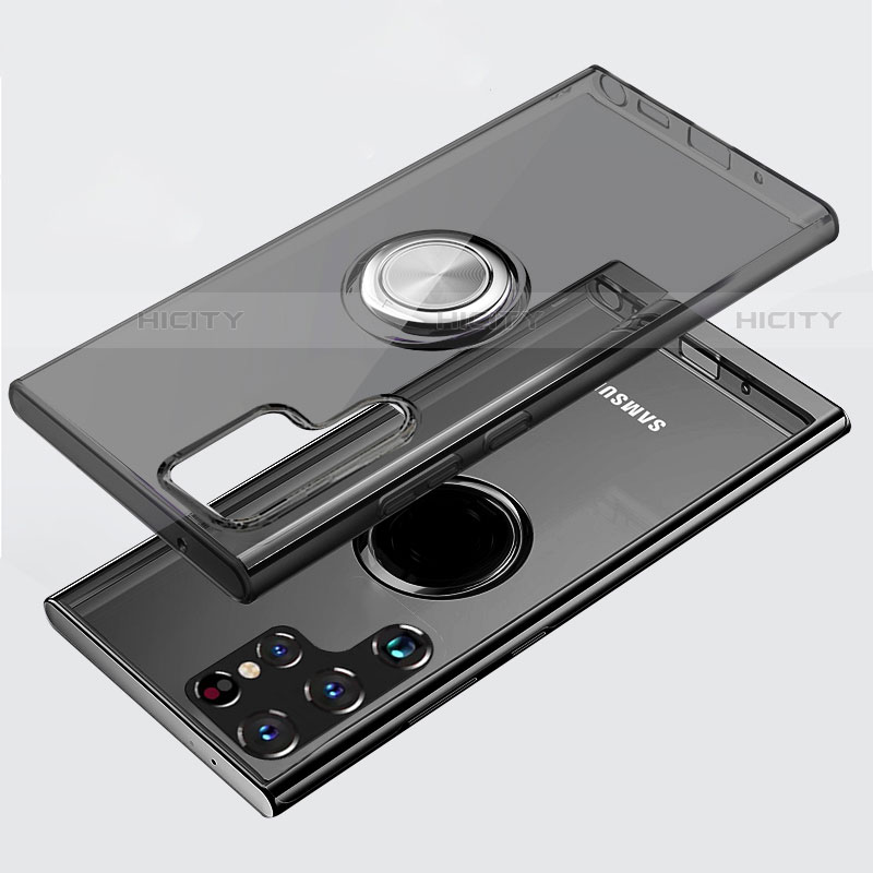 Custodia Silicone Trasparente Ultra Slim Cover Morbida con Magnetico Anello Supporto S05 per Samsung Galaxy S22 Ultra 5G Grigio