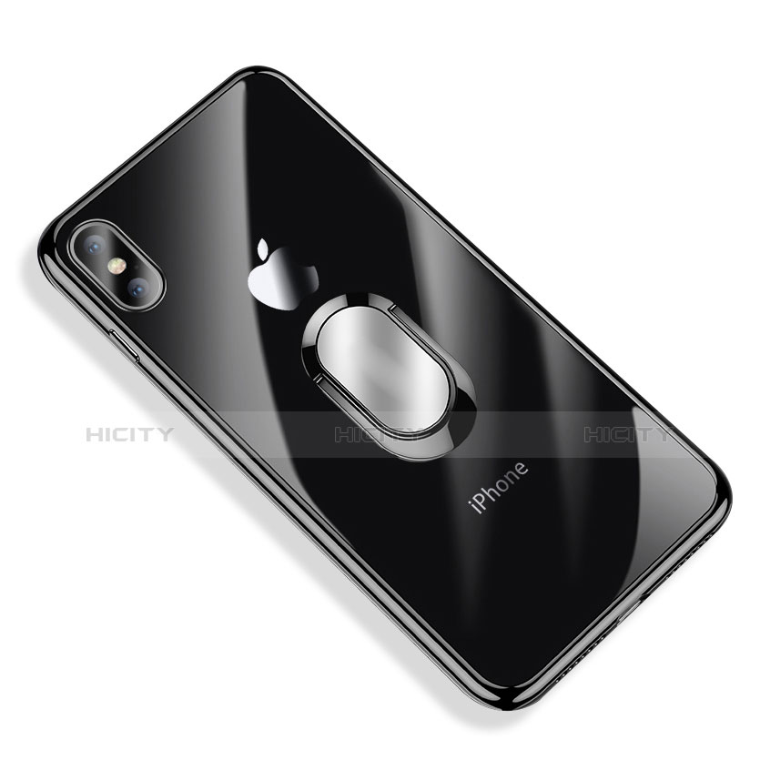 Custodia Silicone Trasparente Ultra Slim Morbida con Anello Supporto T01 per Apple iPhone X Nero