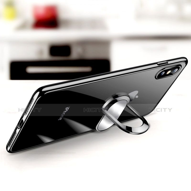Custodia Silicone Trasparente Ultra Slim Morbida con Anello Supporto T01 per Apple iPhone X Nero