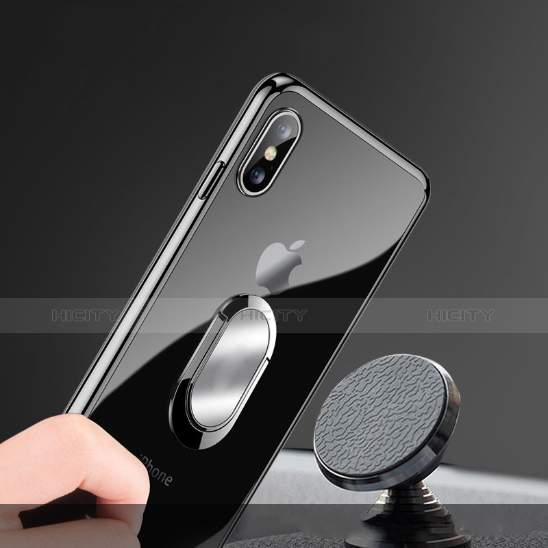 Custodia Silicone Trasparente Ultra Slim Morbida con Anello Supporto T01 per Apple iPhone X Nero