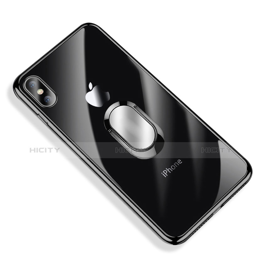 Custodia Silicone Trasparente Ultra Slim Morbida con Anello Supporto T01 per Apple iPhone Xs Max Nero