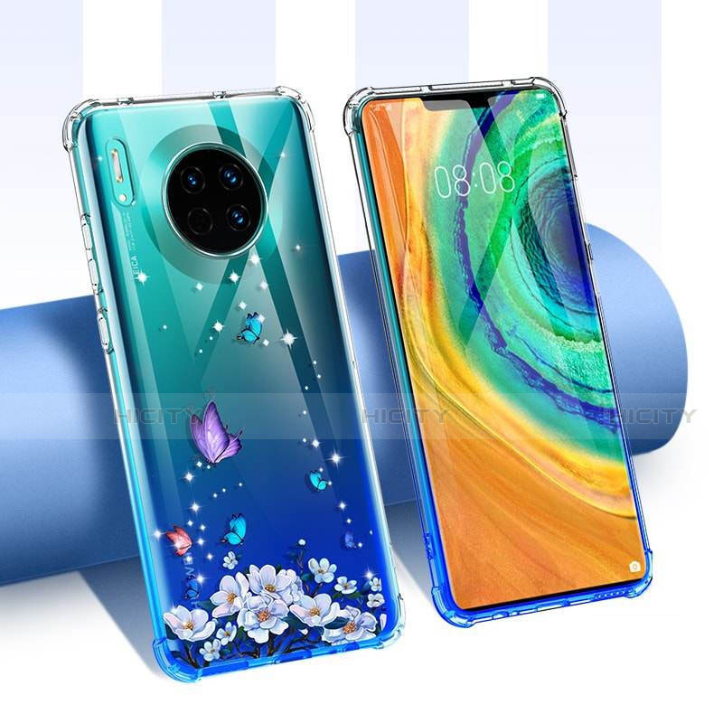 Custodia Silicone Trasparente Ultra Sottile Cover Fiori per Huawei Mate 30 5G Blu
