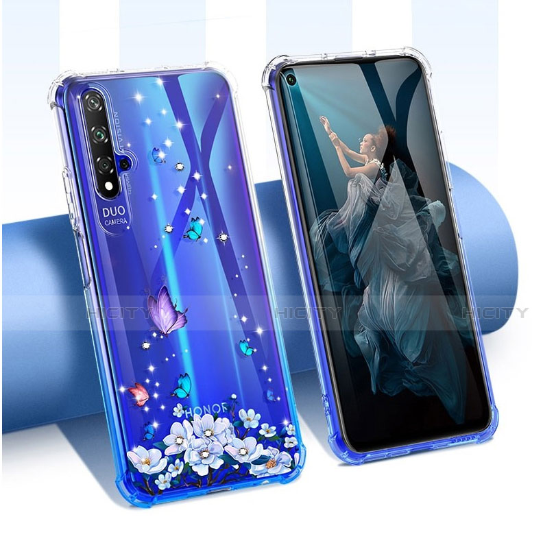 Custodia Silicone Trasparente Ultra Sottile Cover Fiori per Huawei Nova 5T Blu
