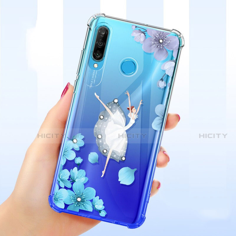 Custodia Silicone Trasparente Ultra Sottile Cover Fiori per Huawei P30 Lite Blu