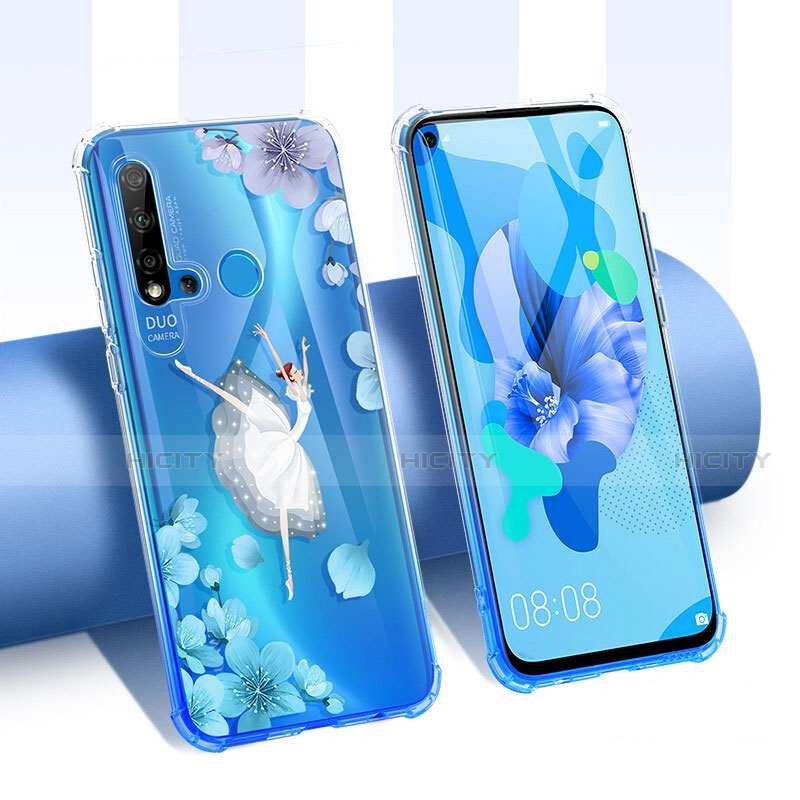 Custodia Silicone Trasparente Ultra Sottile Cover Fiori T01 per Huawei Nova 5i Blu