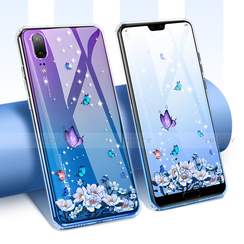 Custodia Silicone Trasparente Ultra Sottile Cover Fiori T01 per Huawei P20 Blu