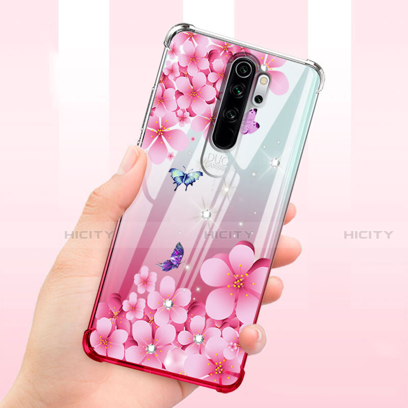 Custodia Silicone Trasparente Ultra Sottile Cover Fiori T01 per Xiaomi Redmi Note 8 Pro Rosa Caldo