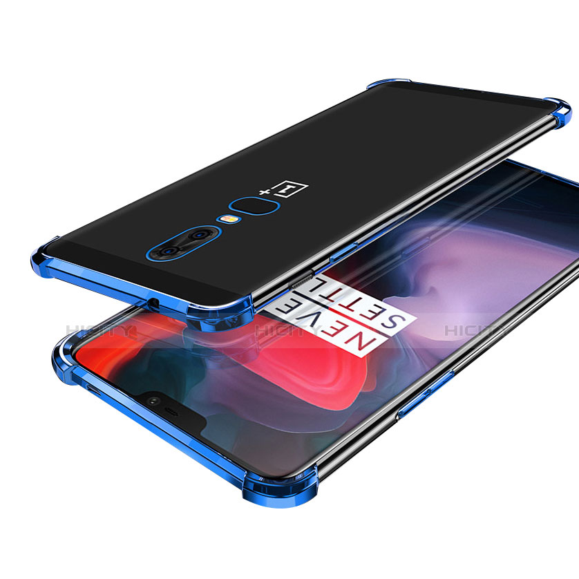 Custodia Silicone Trasparente Ultra Sottile Cover Morbida H02 per OnePlus 6 Blu