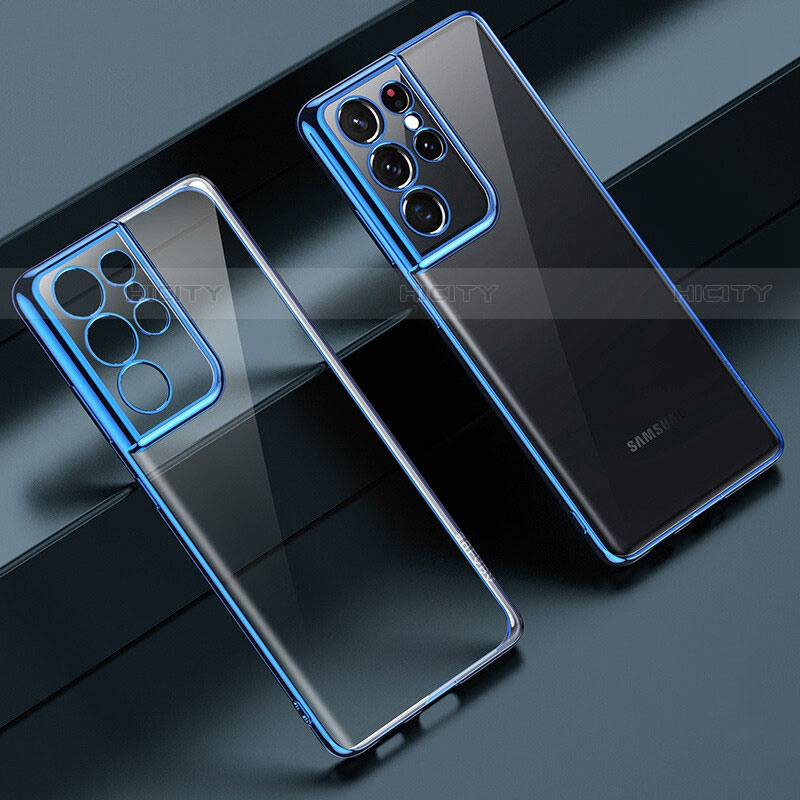 Custodia Silicone Trasparente Ultra Sottile Cover Morbida H08 per Samsung Galaxy S21 Ultra 5G Blu