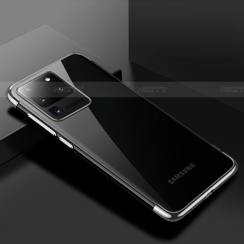 Custodia Silicone Trasparente Ultra Sottile Cover Morbida S01 per Samsung Galaxy S20 Ultra Argento