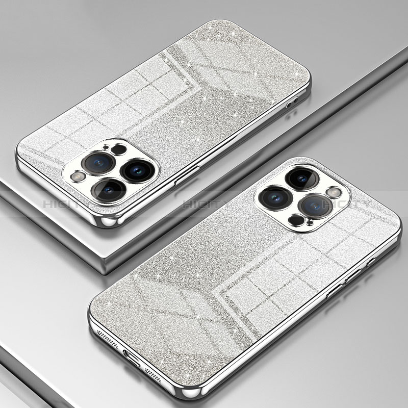 Custodia Silicone Trasparente Ultra Sottile Cover Morbida SY2 per Apple iPhone 15 Pro Max Argento
