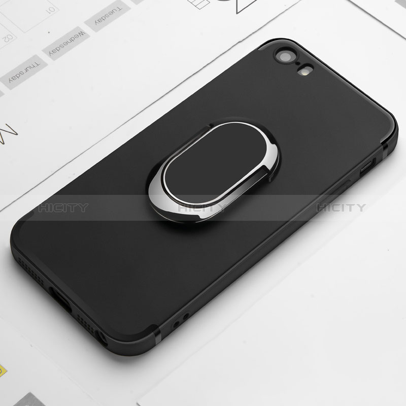 Custodia Silicone Ultra Sottile Morbida con Anello Supporto A01 per Apple iPhone 5S Nero