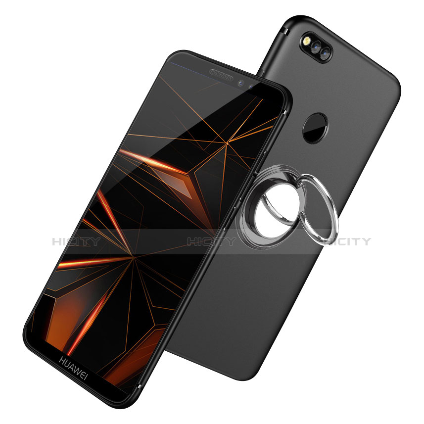 Custodia Silicone Ultra Sottile Morbida con Anello Supporto A02 per Huawei Honor Play 7X Nero