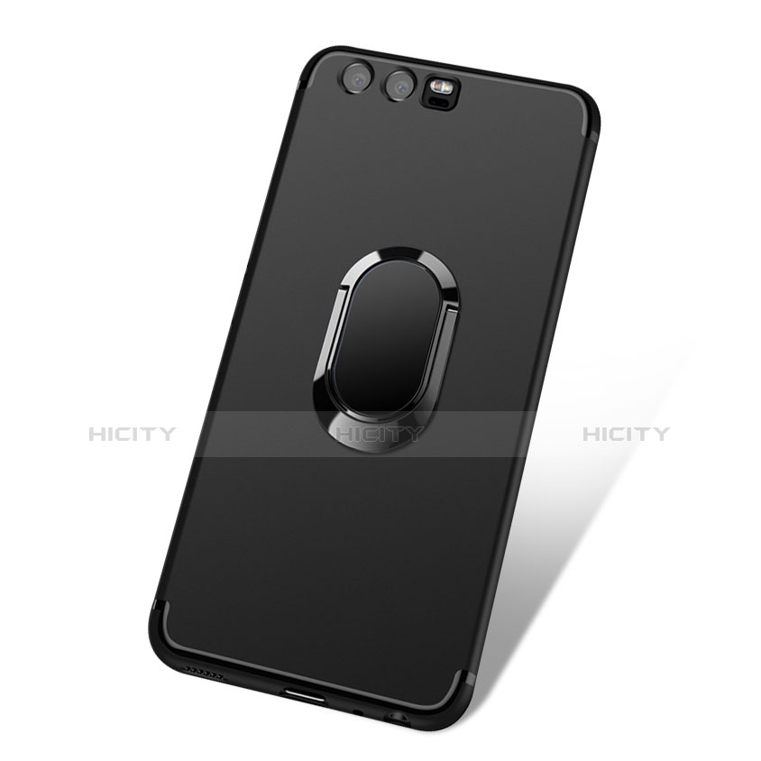 Custodia Silicone Ultra Sottile Morbida con Anello Supporto A02 per Huawei P10 Nero