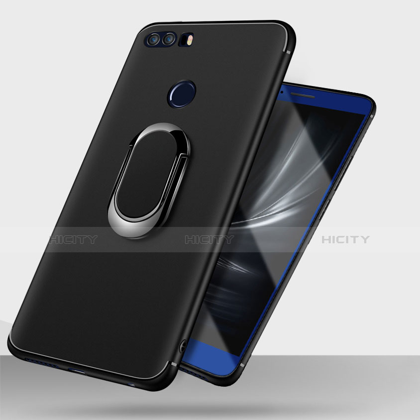 Custodia Silicone Ultra Sottile Morbida con Anello Supporto per Huawei Honor 8 Nero