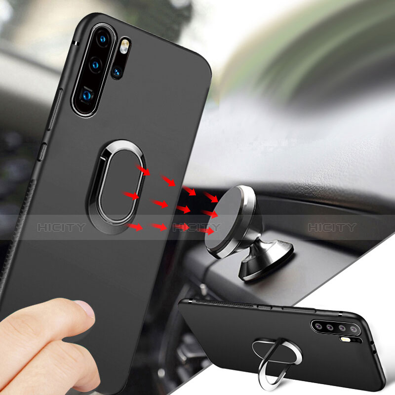 Custodia Silicone Ultra Sottile Morbida con Magnetico Anello Supporto per Huawei P30 Pro Nero