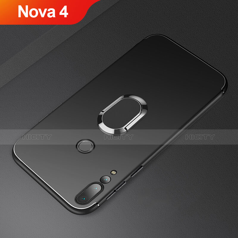 Custodia Silicone Ultra Sottile Morbida Cover con Magnetico Anello Supporto A01 per Huawei Nova 4 Nero