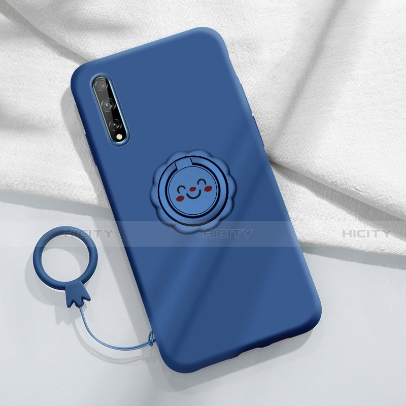 Custodia Silicone Ultra Sottile Morbida Cover con Magnetico Anello Supporto A01 per Huawei Y8p Blu