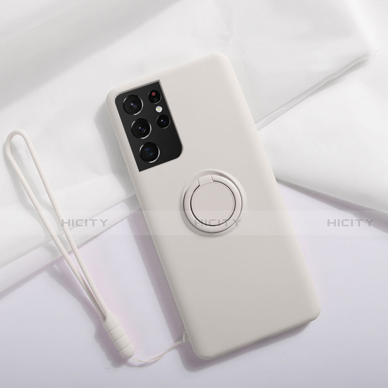 Custodia Silicone Ultra Sottile Morbida Cover con Magnetico Anello Supporto A01 per Samsung Galaxy S21 Ultra 5G Bianco