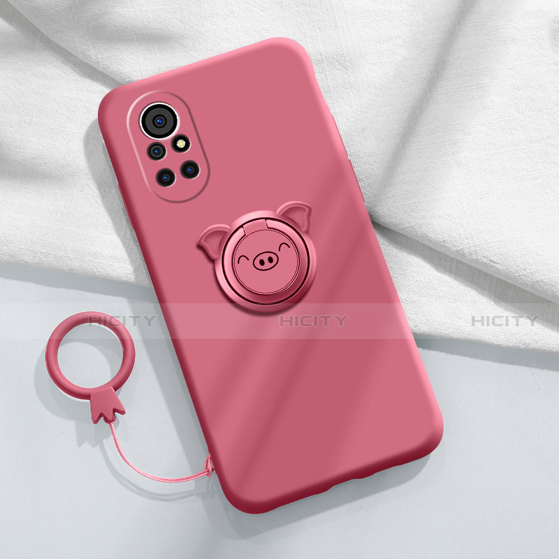 Custodia Silicone Ultra Sottile Morbida Cover con Magnetico Anello Supporto A02 per Huawei Nova 8 5G Rosso Rosa