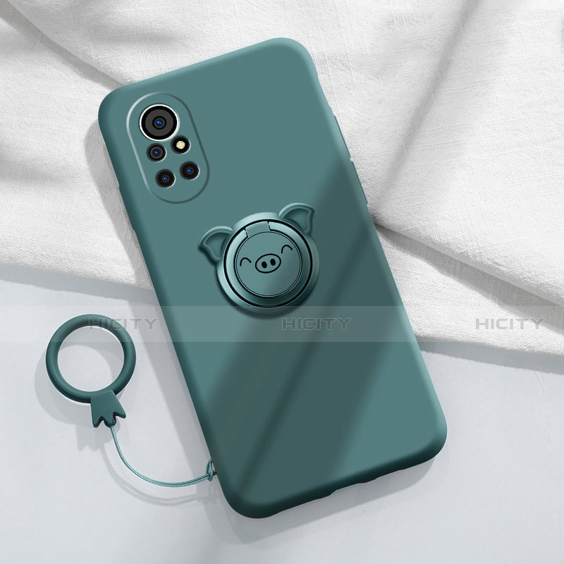 Custodia Silicone Ultra Sottile Morbida Cover con Magnetico Anello Supporto A02 per Huawei Nova 8 5G Verde Notte