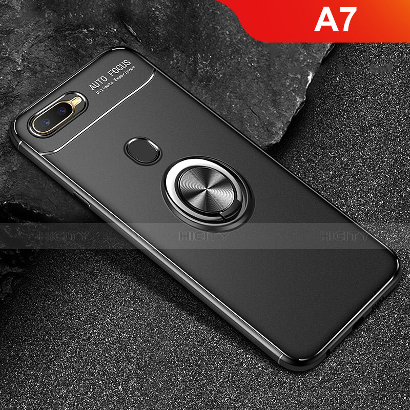 Custodia Silicone Ultra Sottile Morbida Cover con Magnetico Anello Supporto A02 per Oppo A7 Nero