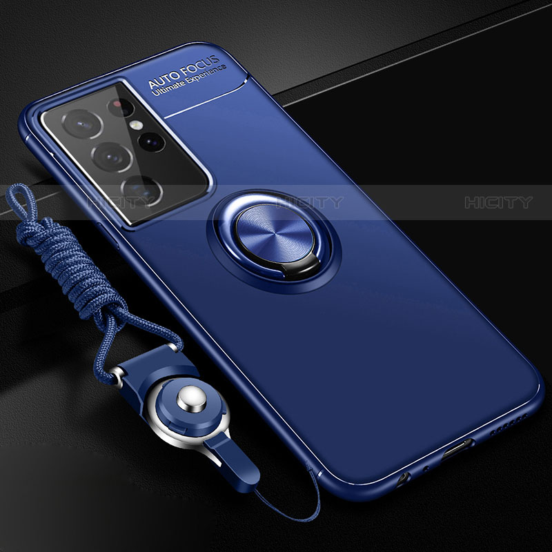 Custodia Silicone Ultra Sottile Morbida Cover con Magnetico Anello Supporto A02 per Samsung Galaxy S21 Ultra 5G Blu