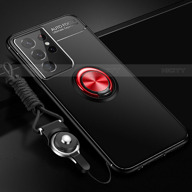 Custodia Silicone Ultra Sottile Morbida Cover con Magnetico Anello Supporto A02 per Samsung Galaxy S21 Ultra 5G Rosso e Nero
