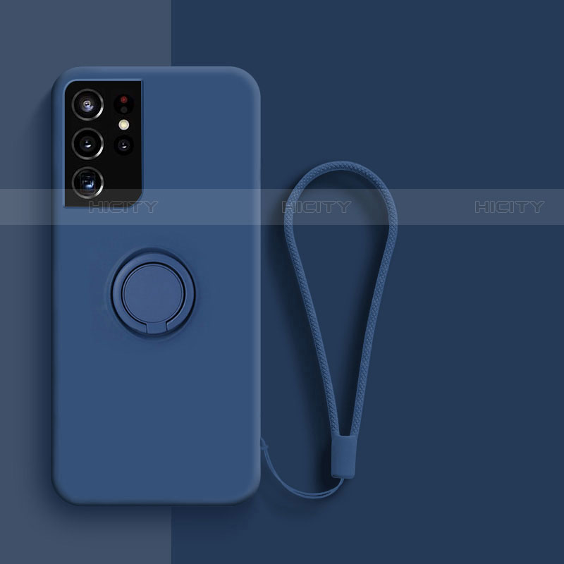 Custodia Silicone Ultra Sottile Morbida Cover con Magnetico Anello Supporto A04 per Samsung Galaxy S21 Ultra 5G Blu