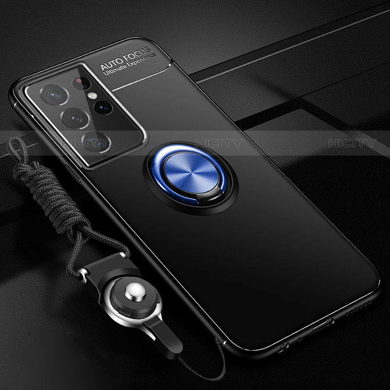 Custodia Silicone Ultra Sottile Morbida Cover con Magnetico Anello Supporto A05 per Samsung Galaxy S22 Ultra 5G Blu e Nero