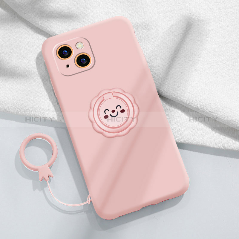 Custodia Silicone Ultra Sottile Morbida Cover con Magnetico Anello Supporto A06 per Apple iPhone 15 Plus Rosa