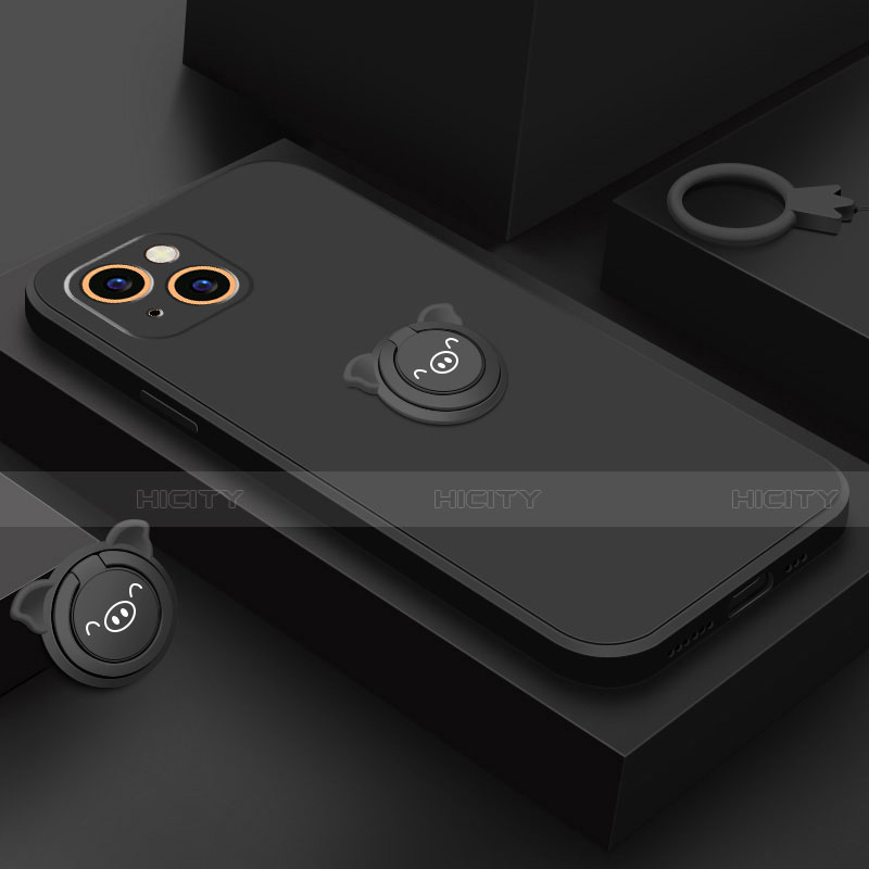 Custodia Silicone Ultra Sottile Morbida Cover con Magnetico Anello Supporto A07 per Apple iPhone 13 Mini Nero