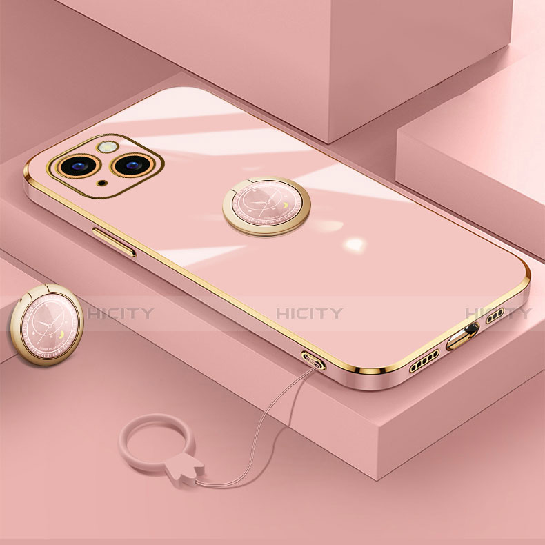 Custodia Silicone Ultra Sottile Morbida Cover con Magnetico Anello Supporto A08 per Apple iPhone 14 Oro Rosa