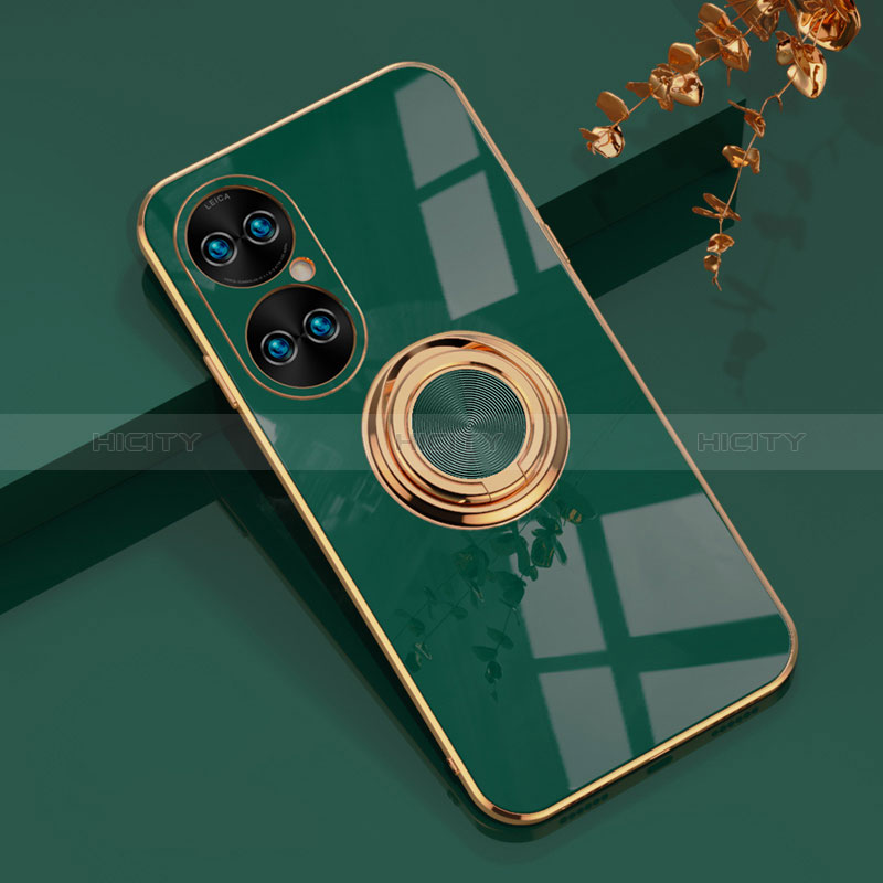 Custodia Silicone Ultra Sottile Morbida Cover con Magnetico Anello Supporto AN1 per Huawei P50 Pro Verde