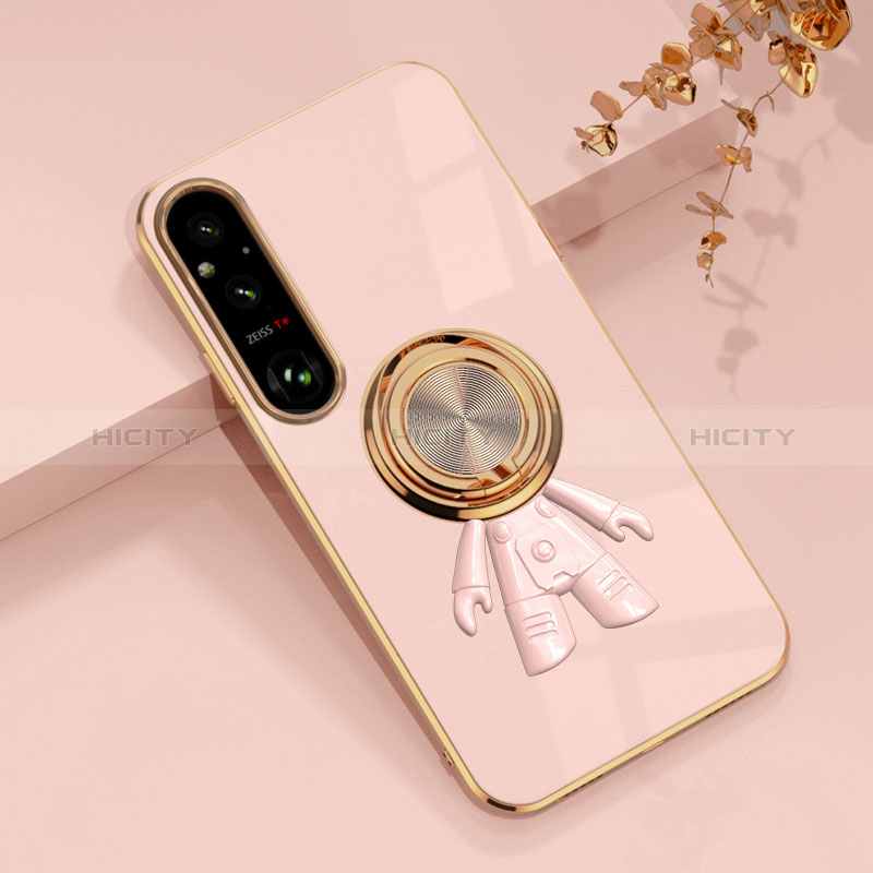 Custodia Silicone Ultra Sottile Morbida Cover con Magnetico Anello Supporto AN1 per Sony Xperia 1 V Oro Rosa