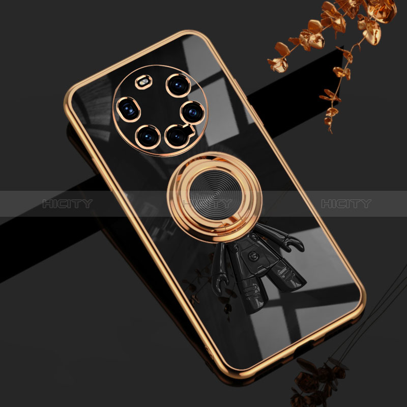 Custodia Silicone Ultra Sottile Morbida Cover con Magnetico Anello Supporto AN2 per Huawei Mate 40 Pro+ Plus Nero