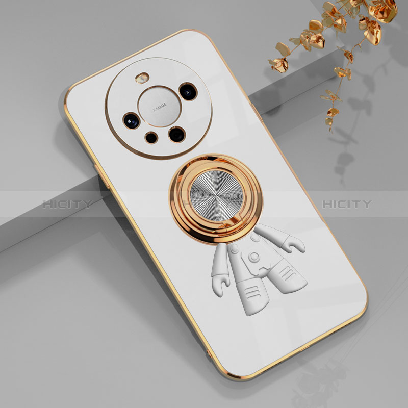 Custodia Silicone Ultra Sottile Morbida Cover con Magnetico Anello Supporto AN2 per Huawei Mate 60 Pro+ Plus Bianco